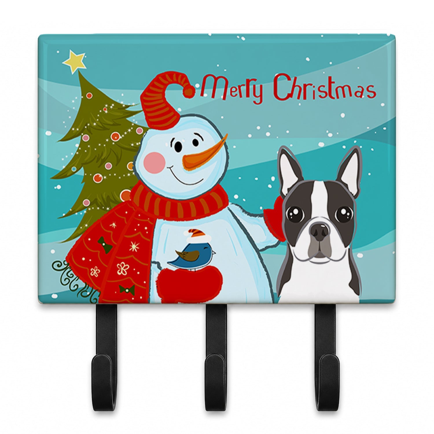 Snowman with Boston Terrier Leash or Key Holder Wall Hooks, Coat Rack Wall Mount, for Hanging Keys, Towels, Aprons, Leashes
