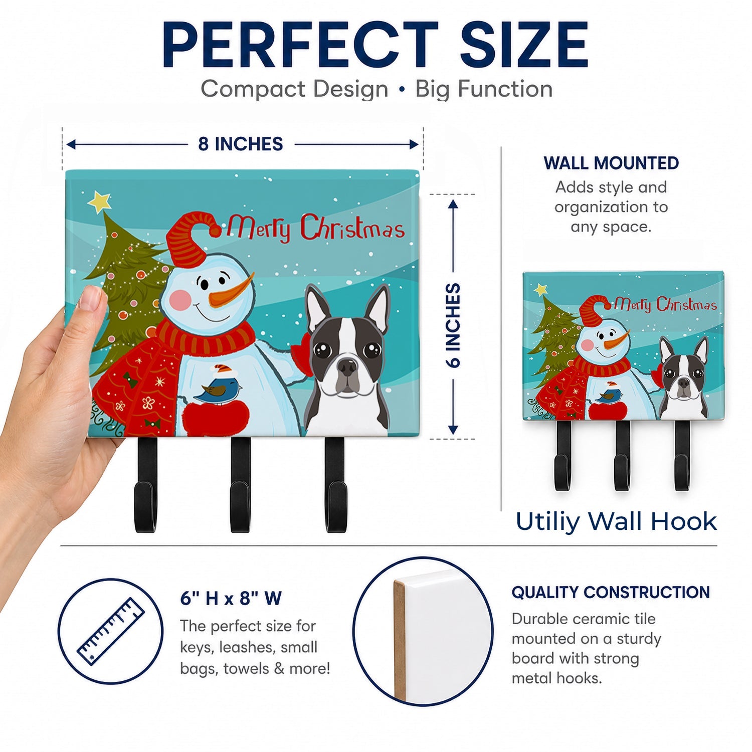 Snowman with Boston Terrier Leash or Key Holder Wall Hooks, Coat Rack Wall Mount, for Hanging Keys, Towels, Aprons, Leashes