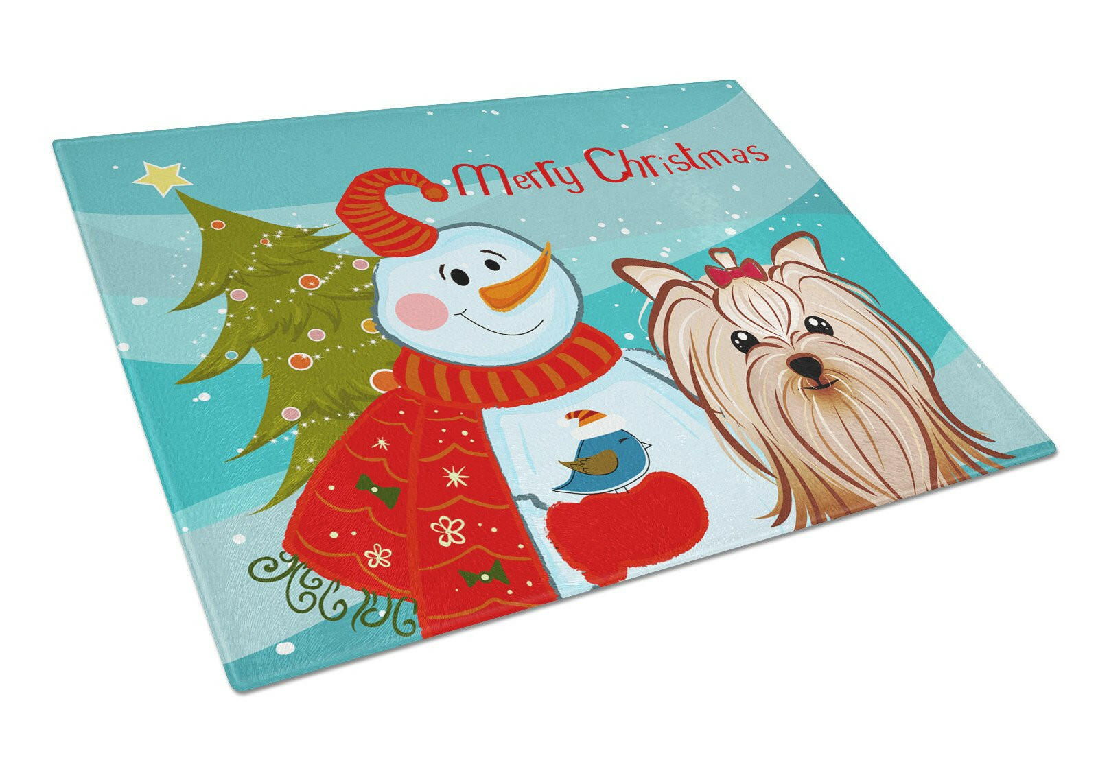 Snowman with Yorkie Yorkishire Terrier Cutting Board Tempered Glass Kitchen Cutting Surface, Heat Resistant Chopping, Non-Slip Feet, Food Prep & Serving