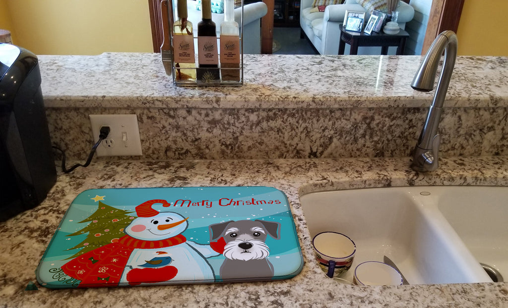 Snowman with Schnauzer Dish Drying Mat Absorbent Dish Drying Mat Pad for Kitchen Counter Dish Drainer Mat for Countertop, 14 x 21", Multicolor