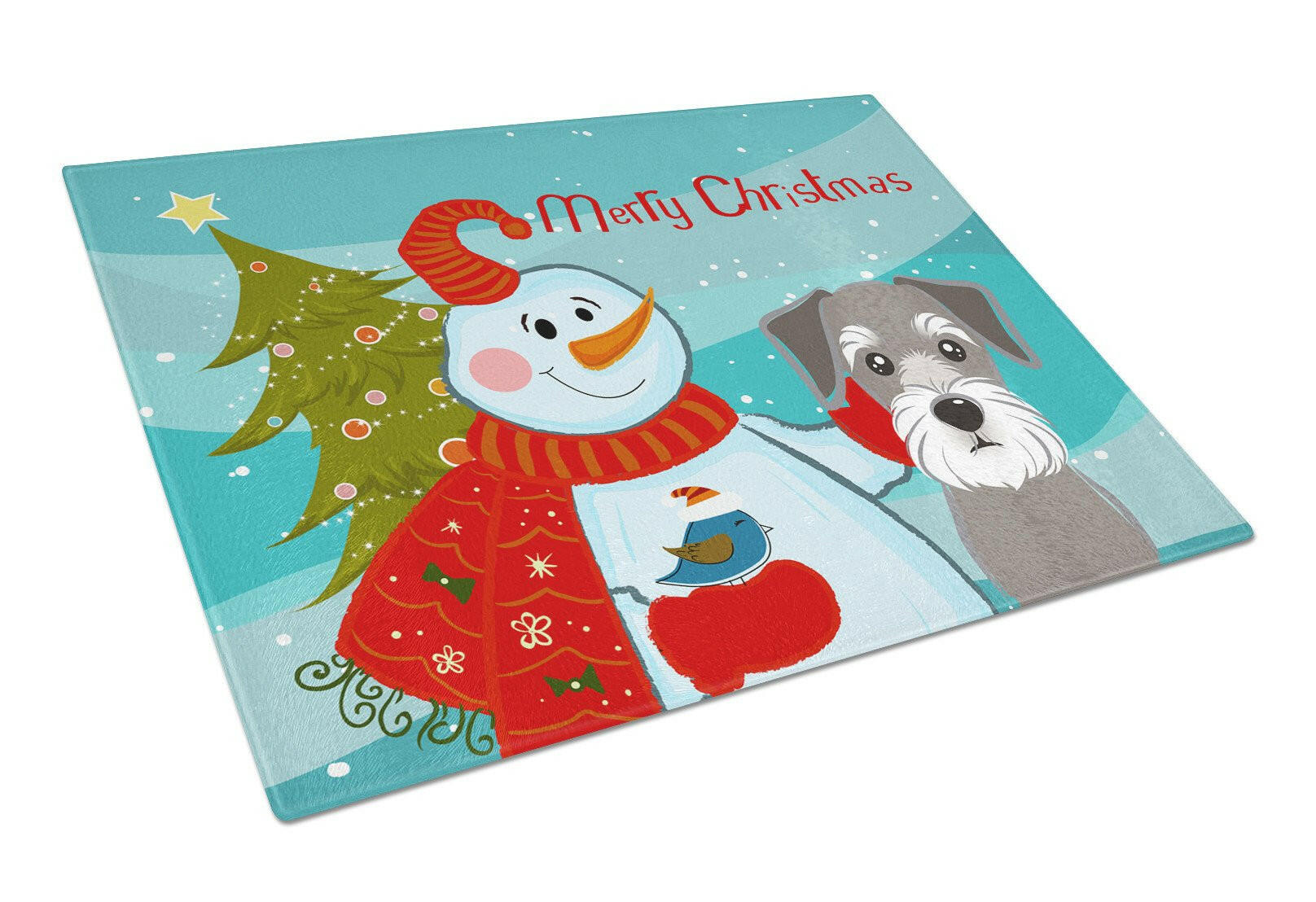 Snowman with Schnauzer Cutting Board Tempered Glass Kitchen Cutting Surface, Heat Resistant Chopping, Non-Slip Feet, Food Prep & Serving