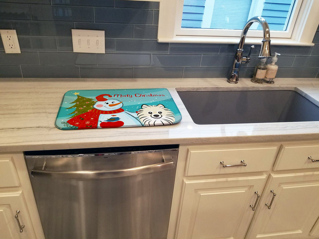 Snowman with Pomeranian Dish Drying Mat Absorbent Dish Drying Mat Pad for Kitchen Counter Dish Drainer Mat for Countertop, 14 x 21", Multicolor