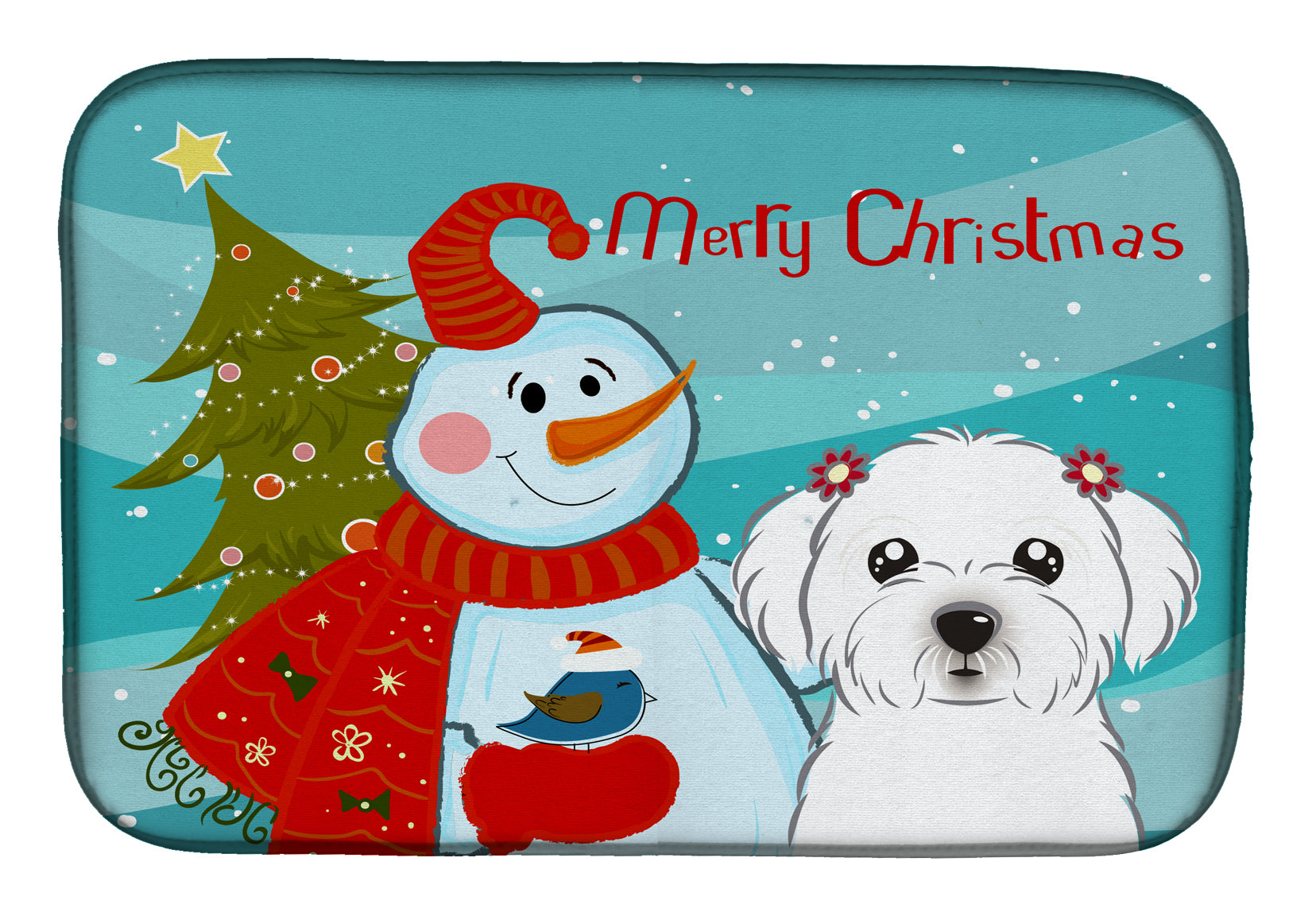Snowman with Maltese Dish Drying Mat Absorbent Dish Drying Mat Pad for Kitchen Counter Dish Drainer Mat for Countertop, 14 x 21", Multicolor