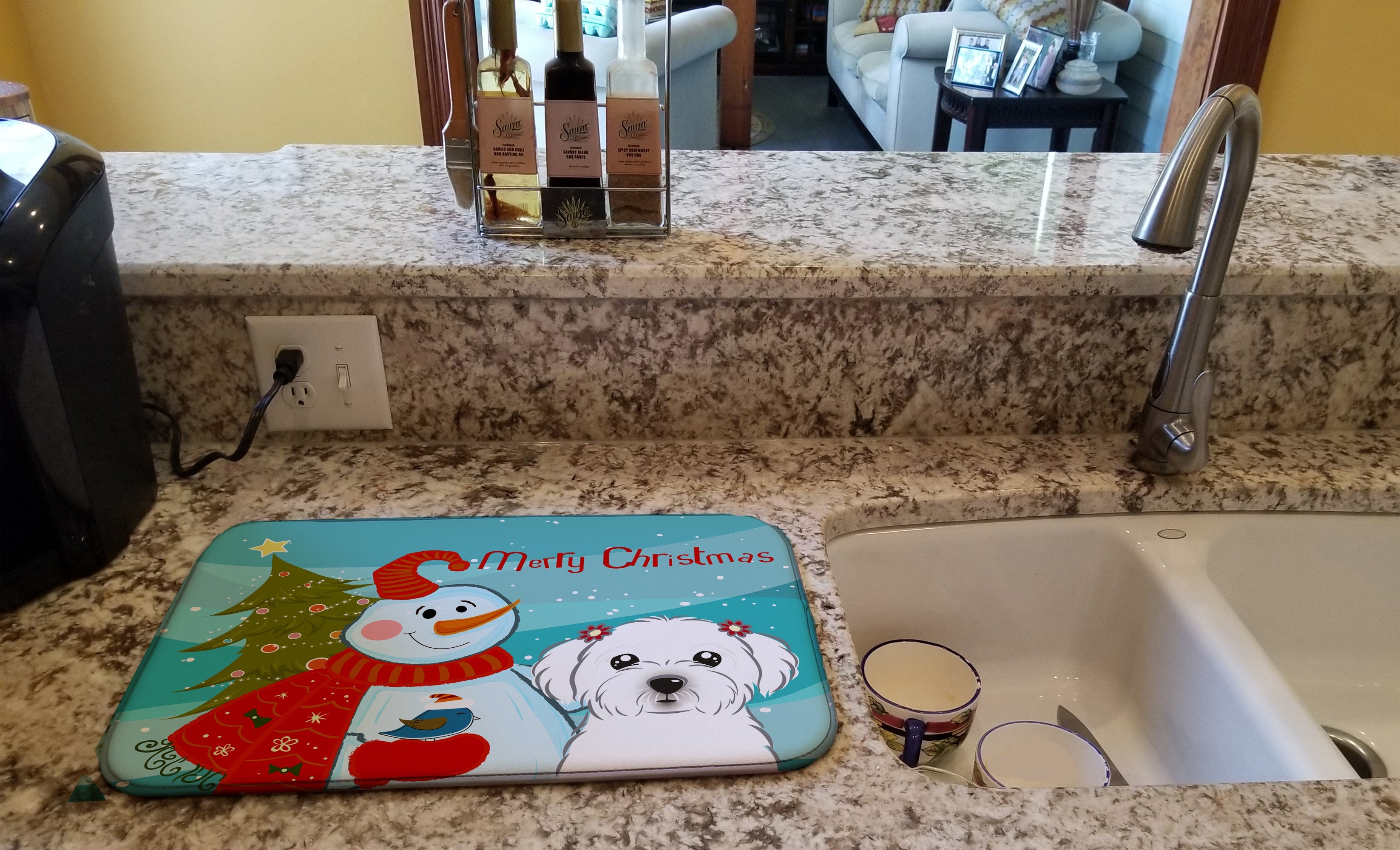 Snowman with Maltese Dish Drying Mat Absorbent Dish Drying Mat Pad for Kitchen Counter Dish Drainer Mat for Countertop, 14 x 21", Multicolor