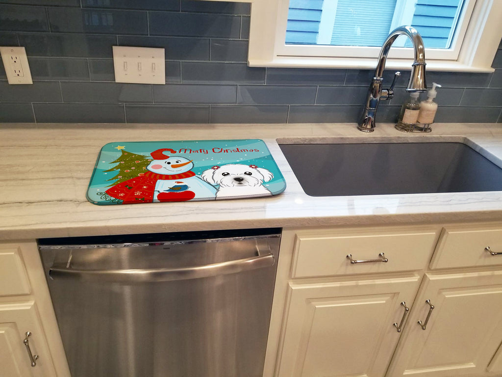 Snowman with Maltese Dish Drying Mat Absorbent Dish Drying Mat Pad for Kitchen Counter Dish Drainer Mat for Countertop, 14 x 21", Multicolor