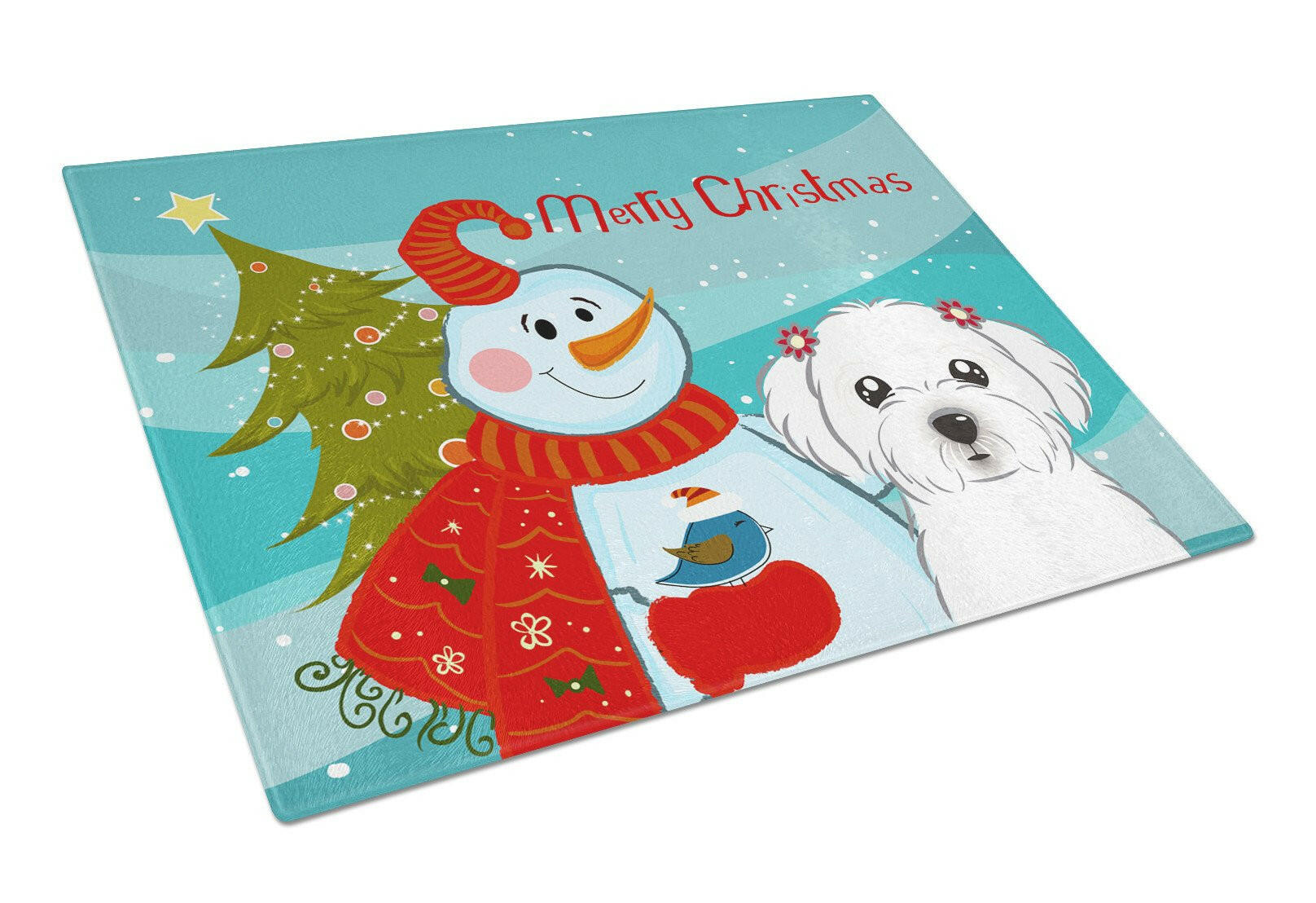 Snowman with Maltese Cutting Board Tempered Glass Kitchen Cutting Surface, Heat Resistant Chopping, Non-Slip Feet, Food Prep & Serving