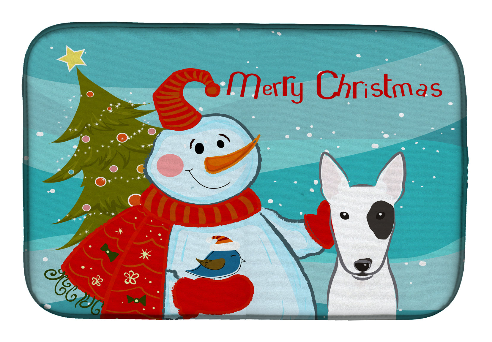 Snowman with Bull Terrier Dish Drying Mat Absorbent Dish Drying Mat Pad for Kitchen Counter Dish Drainer Mat for Countertop, 14 x 21", Multicolor