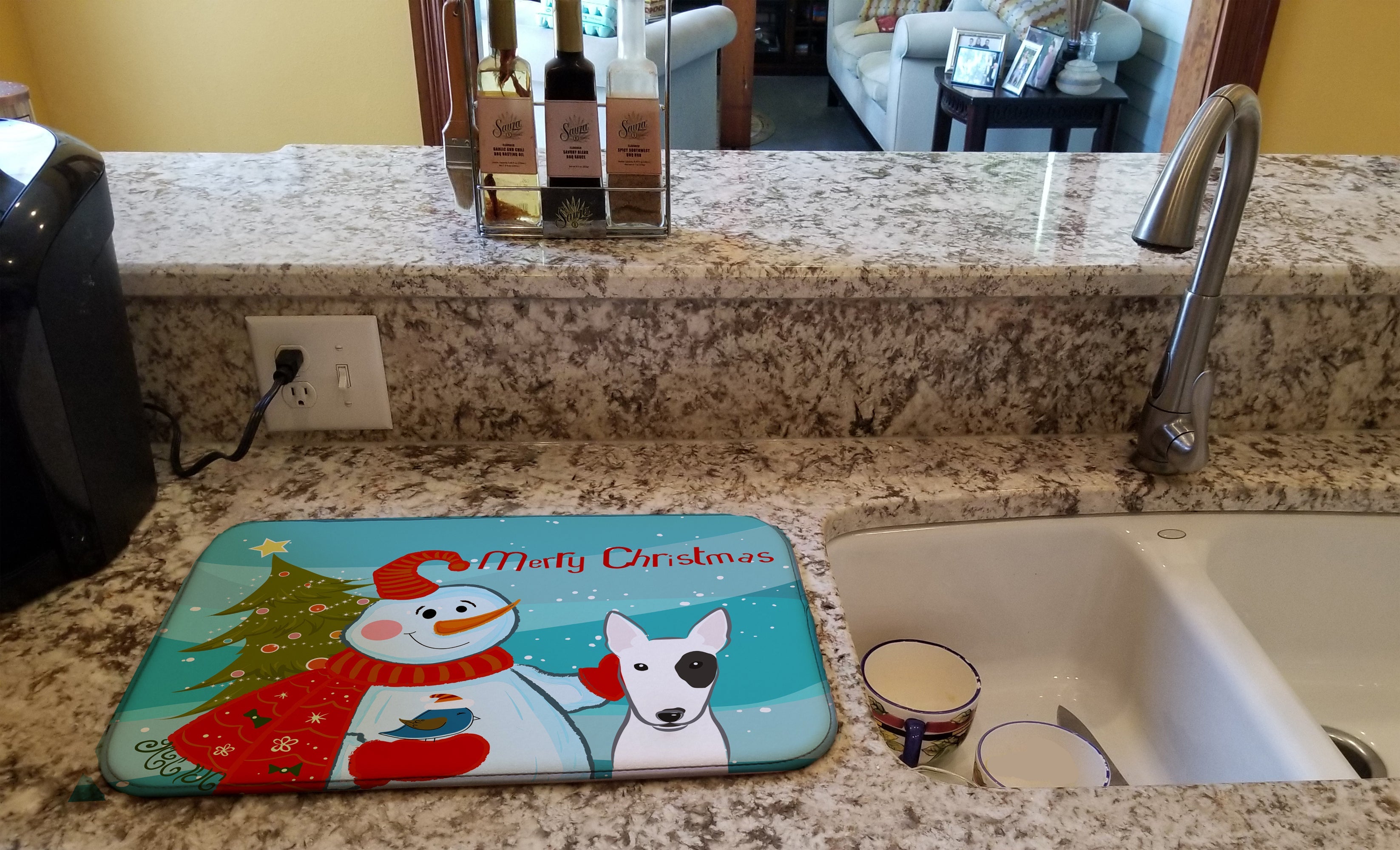 Snowman with Bull Terrier Dish Drying Mat Absorbent Dish Drying Mat Pad for Kitchen Counter Dish Drainer Mat for Countertop, 14 x 21", Multicolor