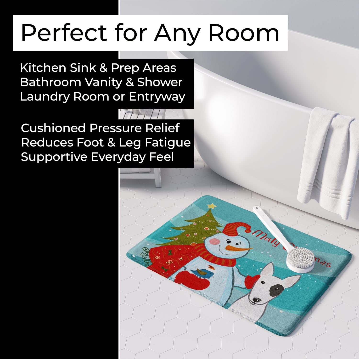 Snowman with Bull Terrier Memory Foam Kitchen Mat Machine Washable Anti-Fatigue Cushion Comfort Bath or Kitchen Rug