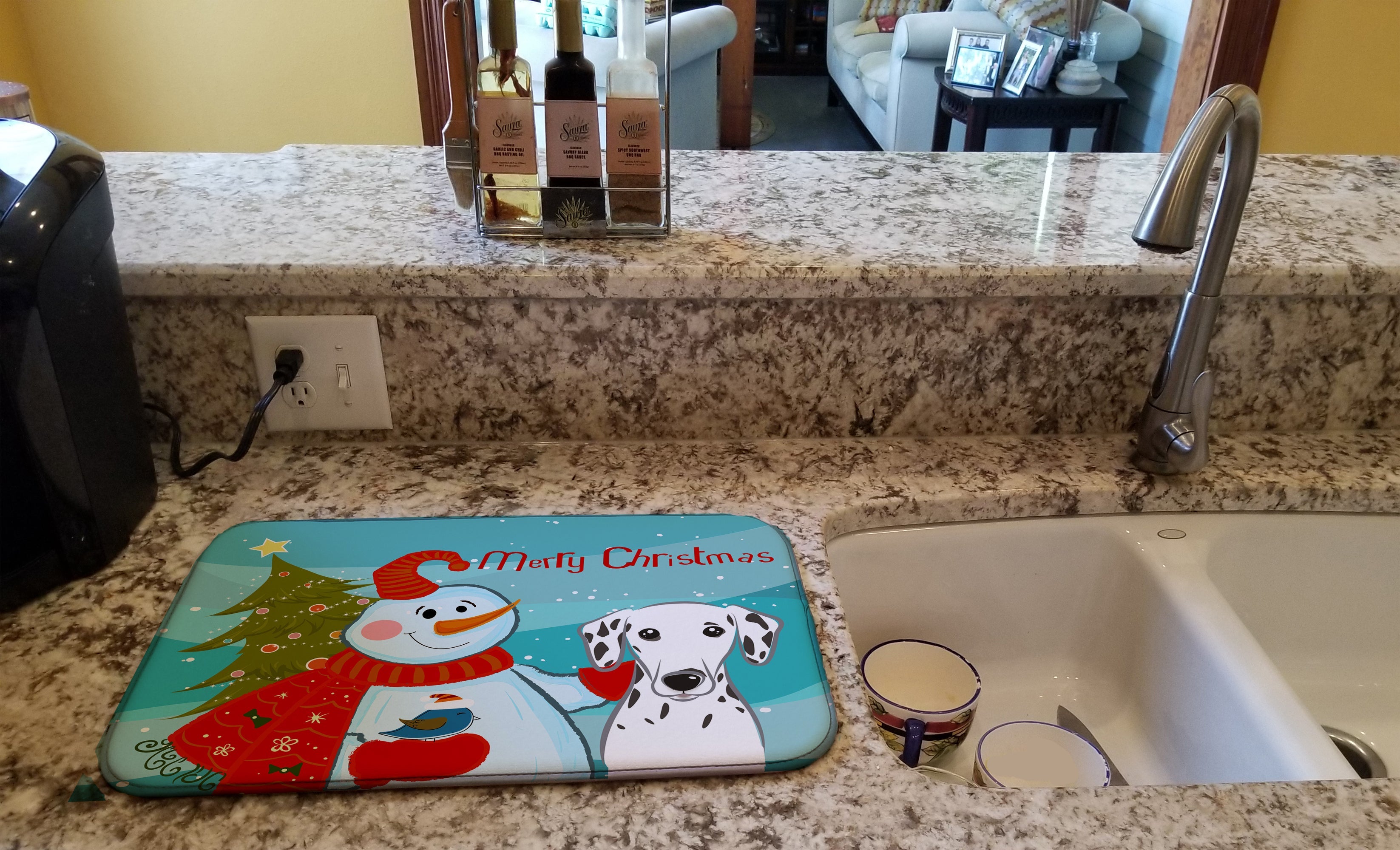 Snowman with Dalmatian Dish Drying Mat Absorbent Dish Drying Mat Pad for Kitchen Counter Dish Drainer Mat for Countertop, 14 x 21", Multicolor