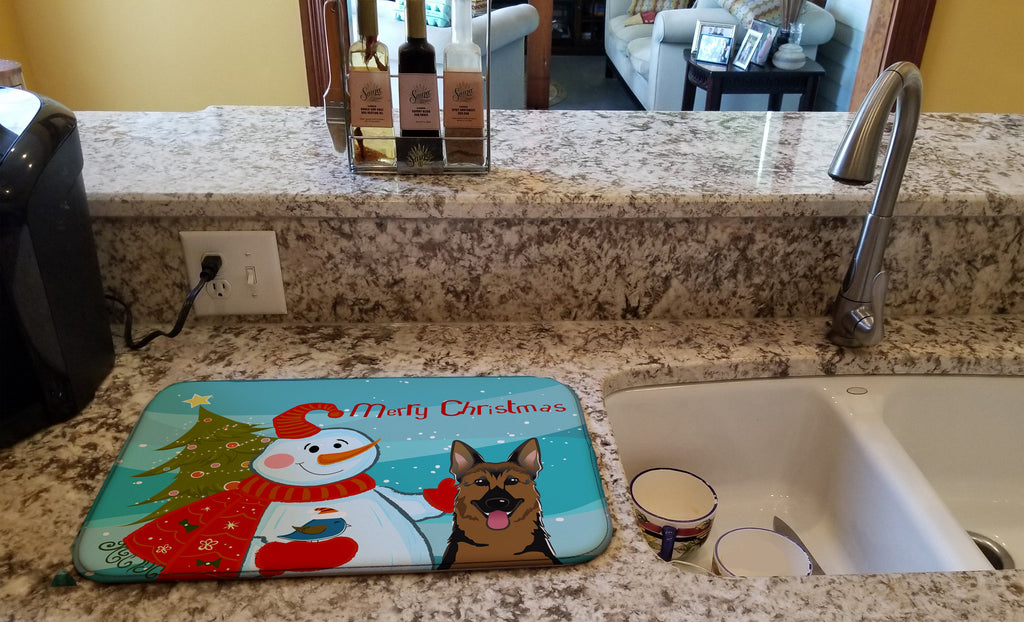 Snowman with German Shepherd Dish Drying Mat Absorbent Dish Drying Mat Pad for Kitchen Counter Dish Drainer Mat for Countertop, 14 x 21", Multicolor
