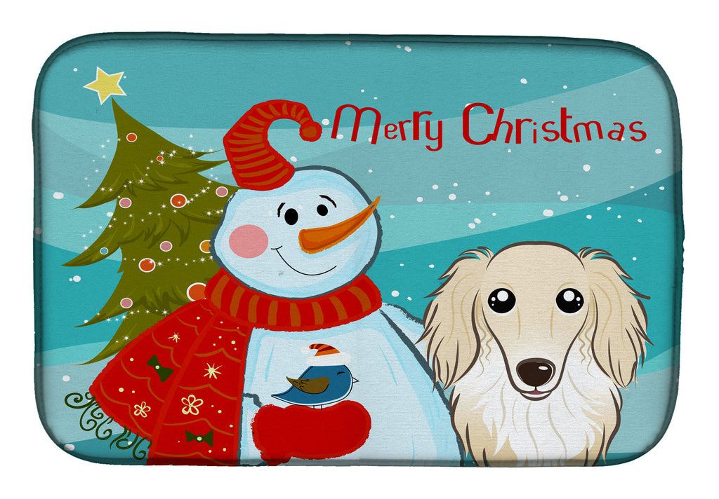 Snowman with Longhair Creme Dachshund Dish Drying Mat Absorbent Dish Drying Mat Pad for Kitchen Counter Dish Drainer Mat for Countertop, 14 x 21", Multicolor