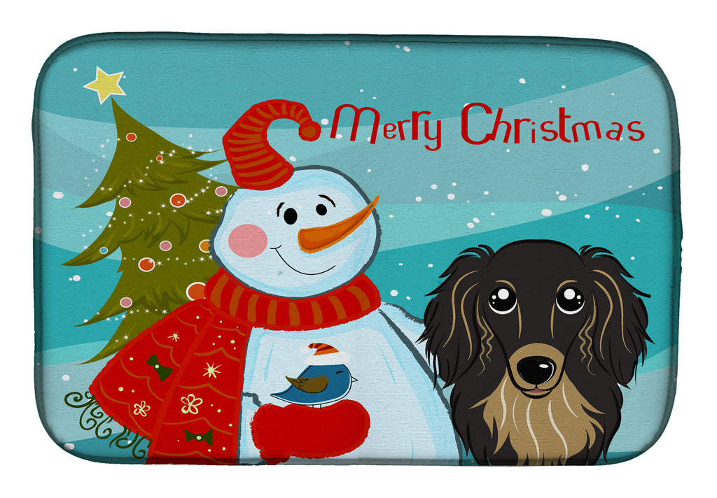 Snowman with Longhair Black and Tan Dachshund Dish Drying Mat Absorbent Dish Drying Mat Pad for Kitchen Counter Dish Drainer Mat for Countertop, 14 x 21", Multicolor
