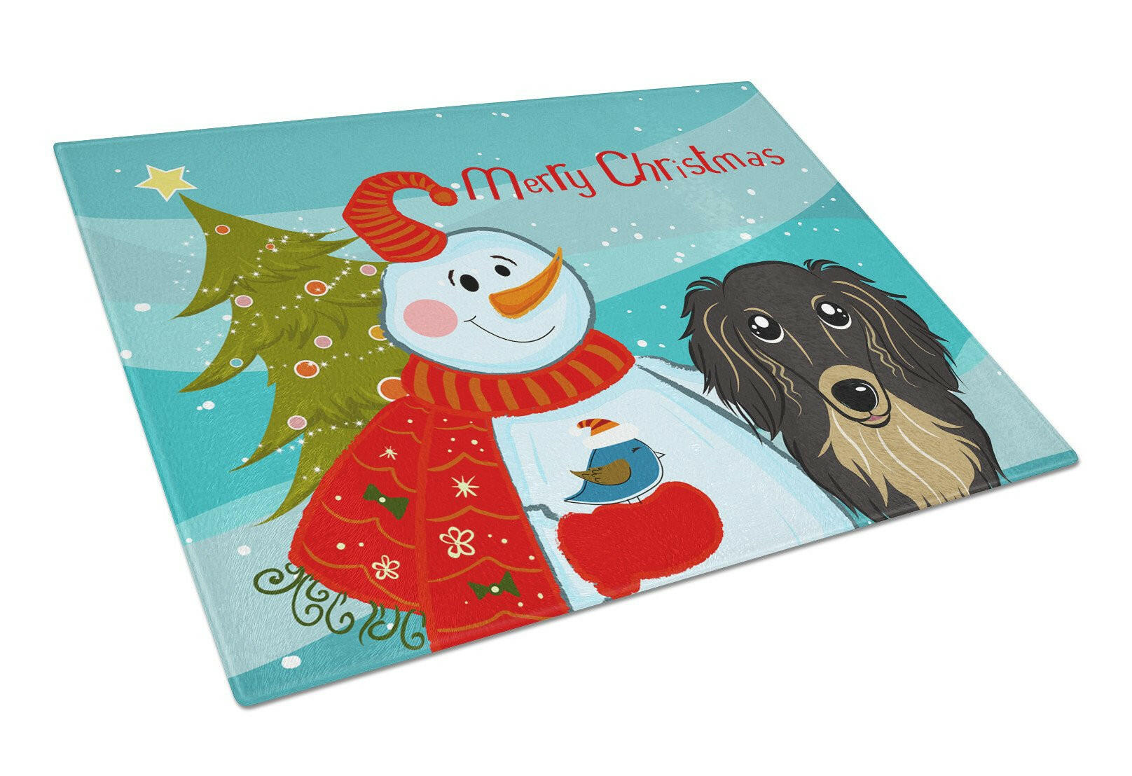 Snowman with Longhair Black and Tan Dachshund Cutting Board Tempered Glass Kitchen Cutting Surface, Heat Resistant Chopping, Non-Slip Feet, Food Prep & Serving