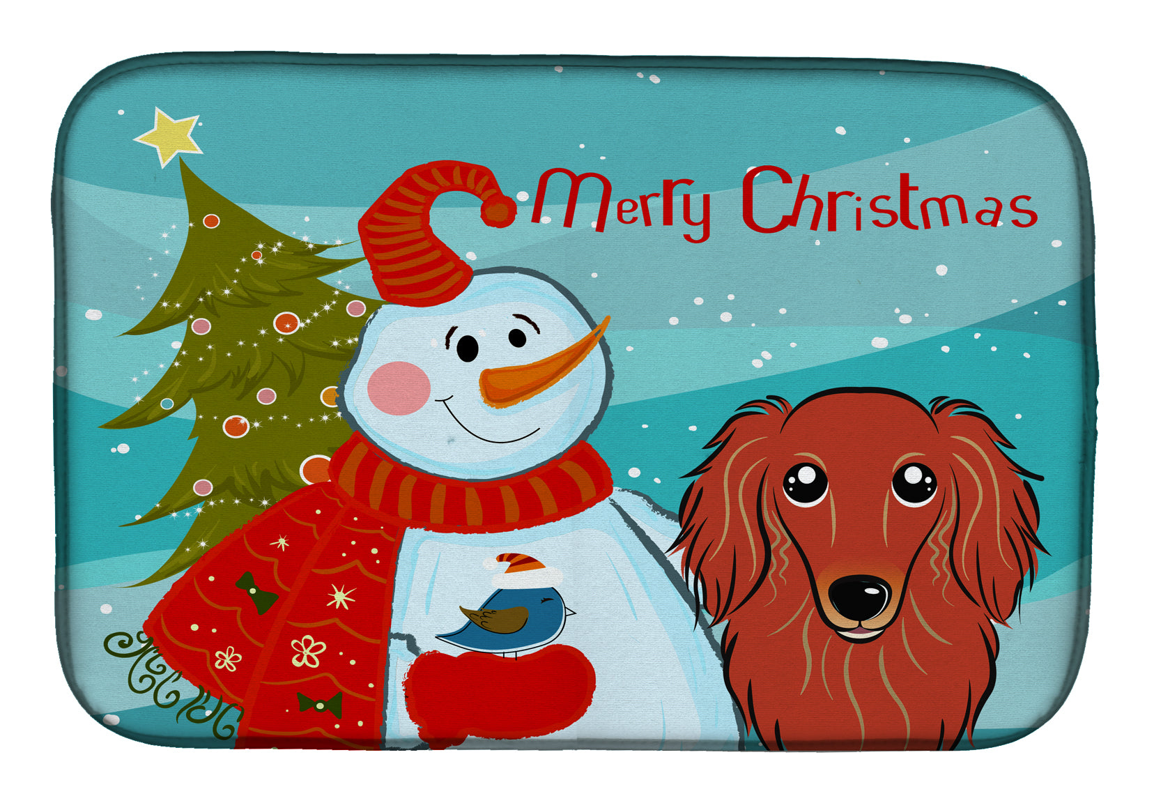 Snowman with Longhair Red Dachshund Dish Drying Mat Absorbent Dish Drying Mat Pad for Kitchen Counter Dish Drainer Mat for Countertop, 14 x 21", Multicolor