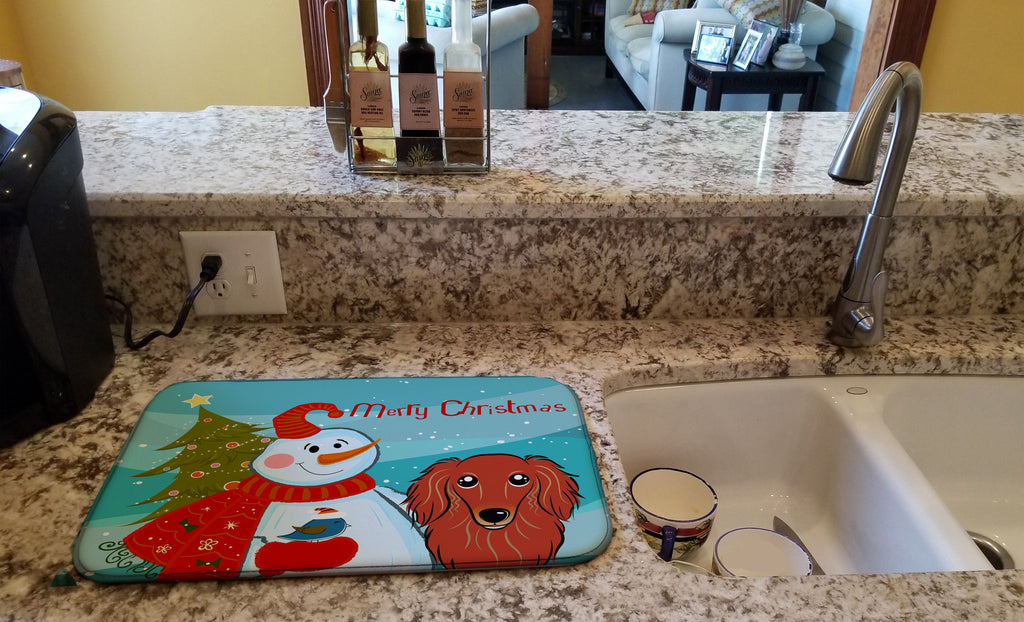 Snowman with Longhair Red Dachshund Dish Drying Mat Absorbent Dish Drying Mat Pad for Kitchen Counter Dish Drainer Mat for Countertop, 14 x 21", Multicolor