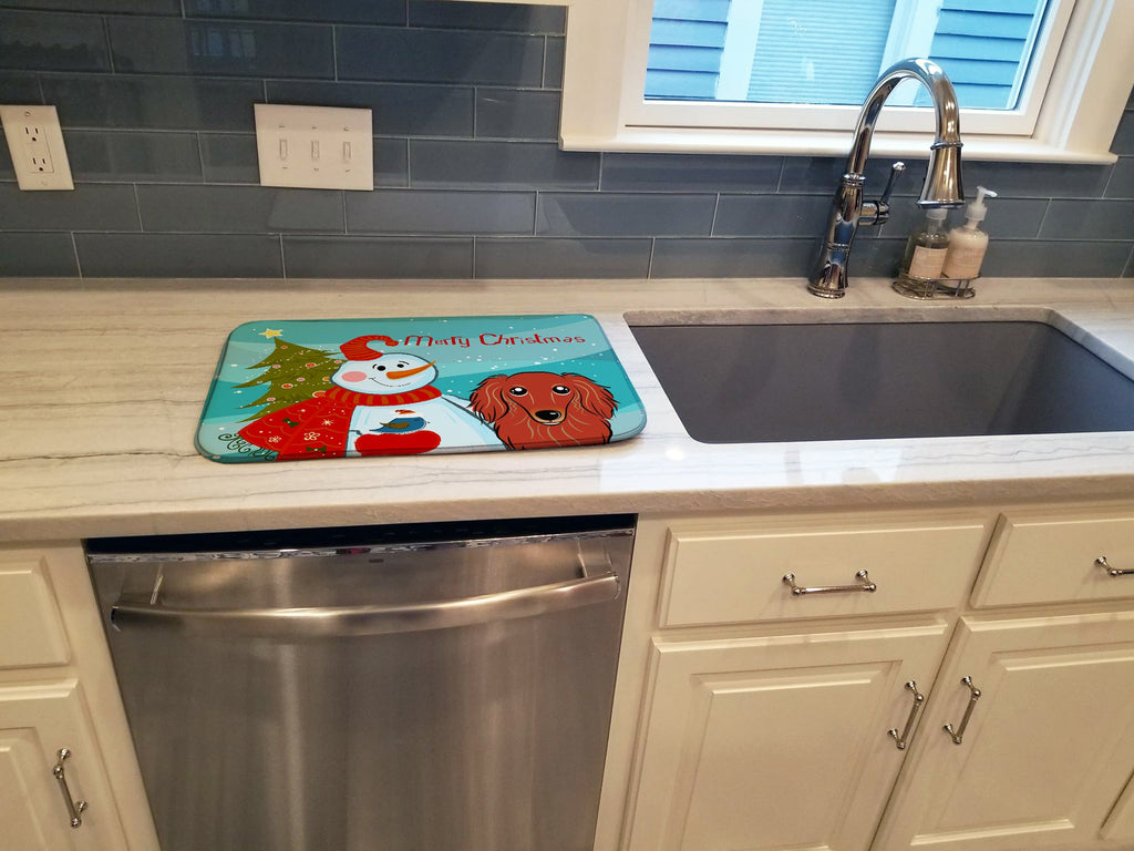 Snowman with Longhair Red Dachshund Dish Drying Mat Absorbent Dish Drying Mat Pad for Kitchen Counter Dish Drainer Mat for Countertop, 14 x 21", Multicolor