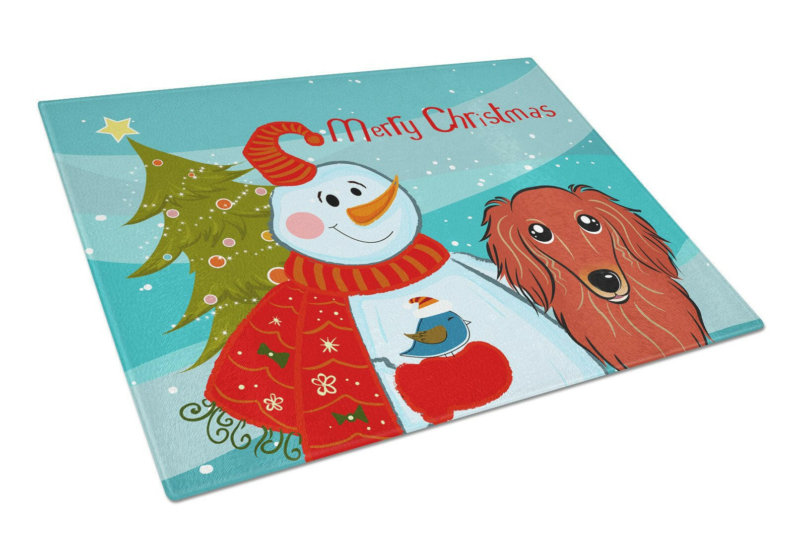 Snowman with Longhair Red Dachshund Cutting Board Tempered Glass Kitchen Cutting Surface, Heat Resistant Chopping, Non-Slip Feet, Food Prep & Serving