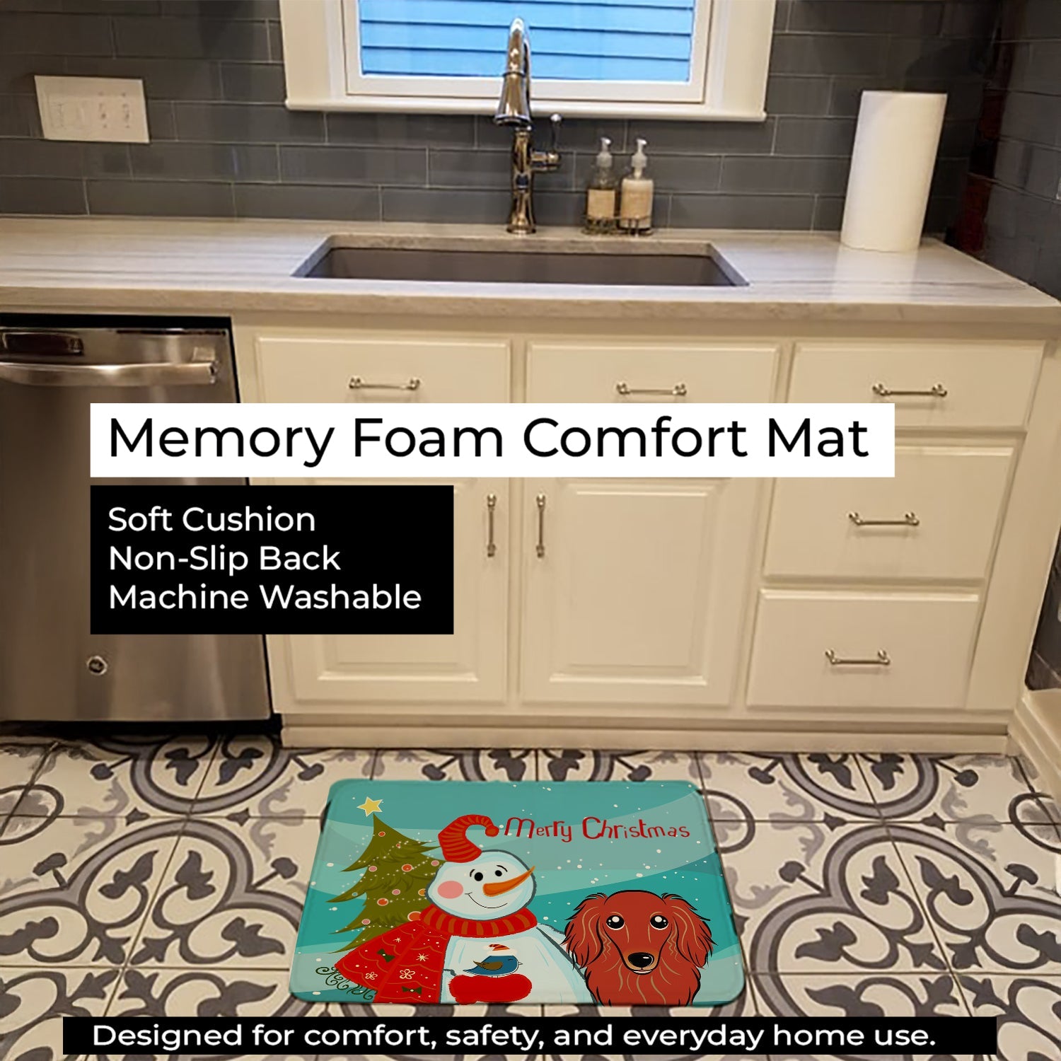 Snowman with Longhair Red Dachshund Memory Foam Kitchen Mat Machine Washable Anti-Fatigue Cushion Comfort Bath or Kitchen Rug