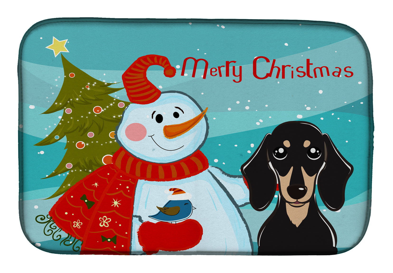 Snowman with Smooth Black and Tan Dachshund Dish Drying Mat Absorbent Dish Drying Mat Pad for Kitchen Counter Dish Drainer Mat for Countertop, 14 x 21", Multicolor