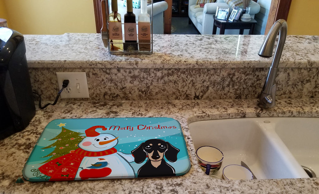 Snowman with Smooth Black and Tan Dachshund Dish Drying Mat Absorbent Dish Drying Mat Pad for Kitchen Counter Dish Drainer Mat for Countertop, 14 x 21", Multicolor