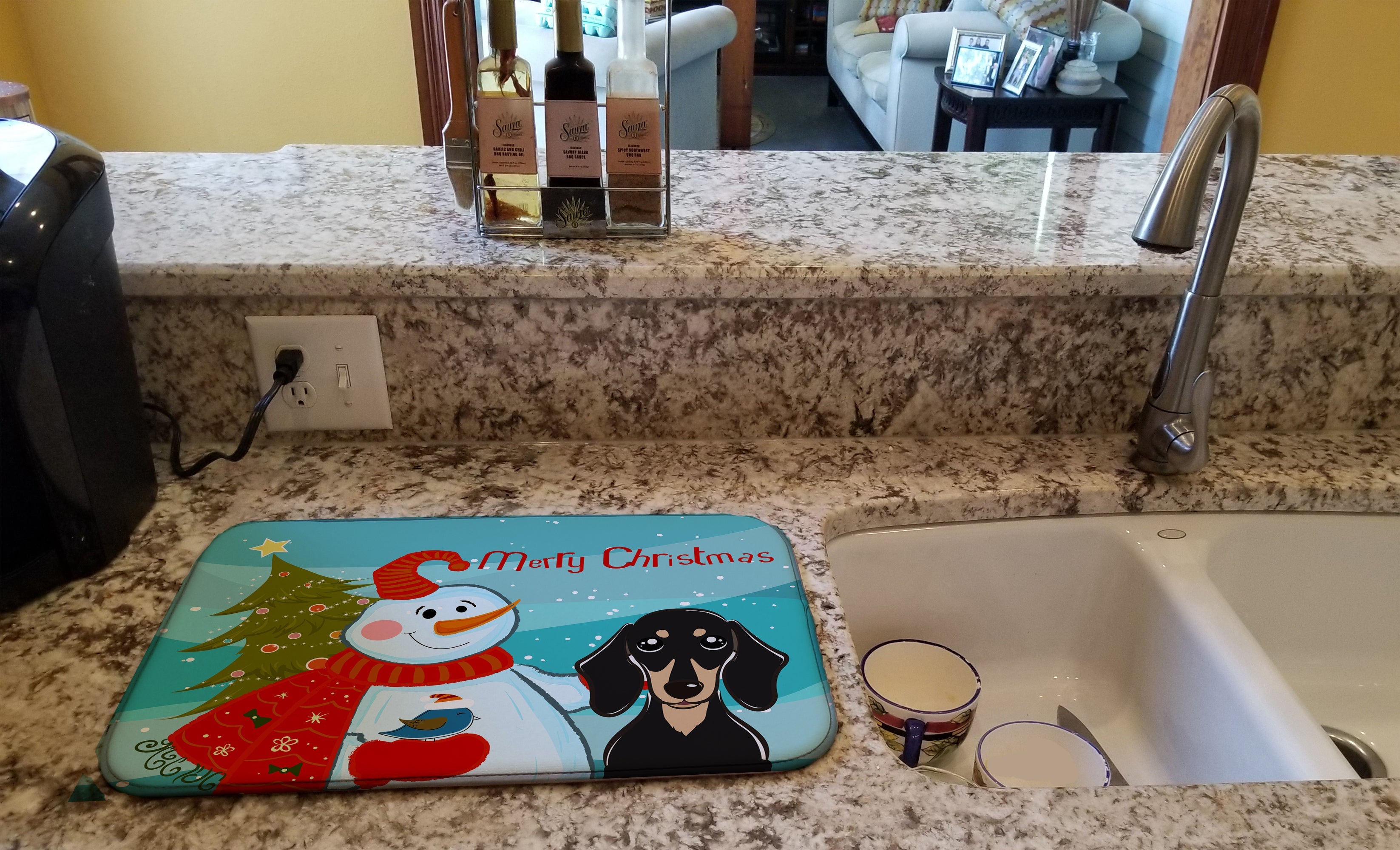 Snowman with Smooth Black and Tan Dachshund Dish Drying Mat Absorbent Dish Drying Mat Pad for Kitchen Counter Dish Drainer Mat for Countertop, 14 x 21", Multicolor