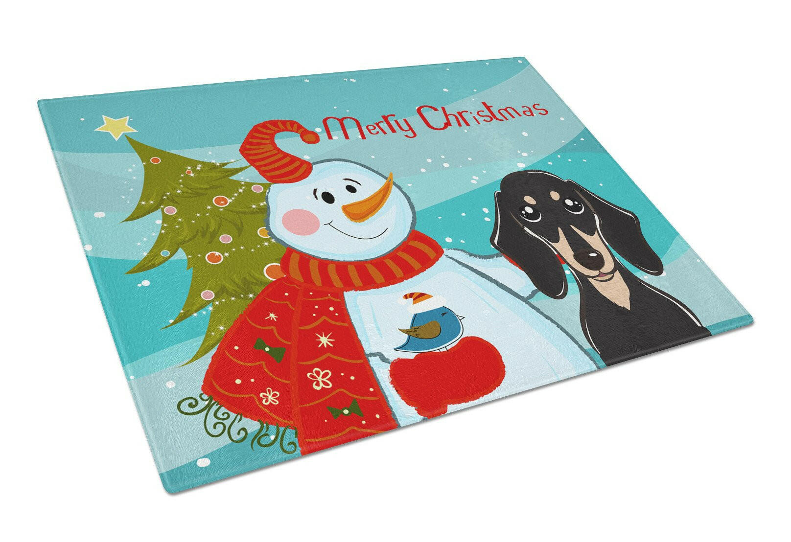Snowman with Smooth Black and Tan Dachshund Cutting Board Tempered Glass Kitchen Cutting Surface, Heat Resistant Chopping, Non-Slip Feet, Food Prep & Serving