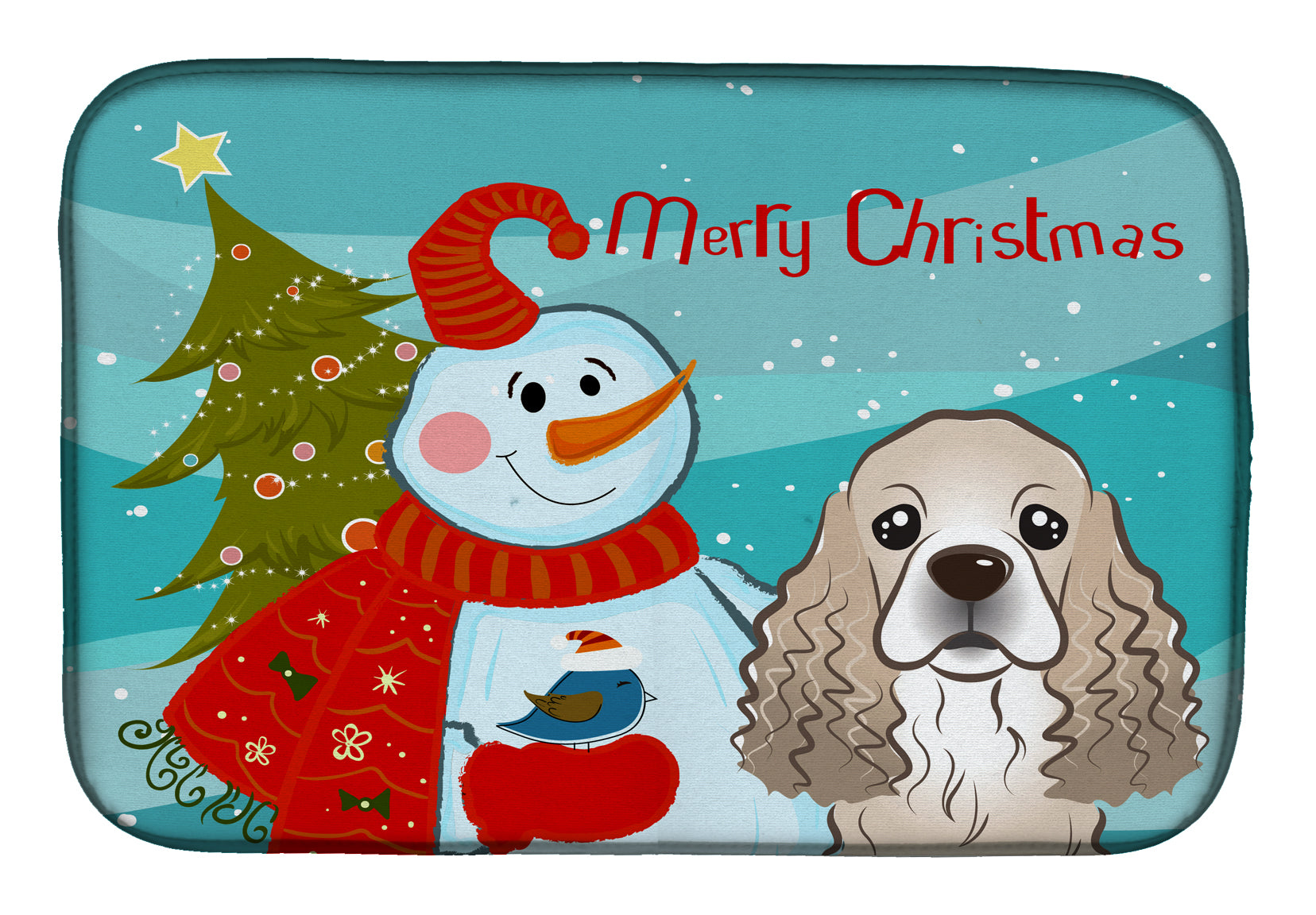 Snowman with Cocker Spaniel Dish Drying Mat Absorbent Dish Drying Mat Pad for Kitchen Counter Dish Drainer Mat for Countertop, 14 x 21", Multicolor