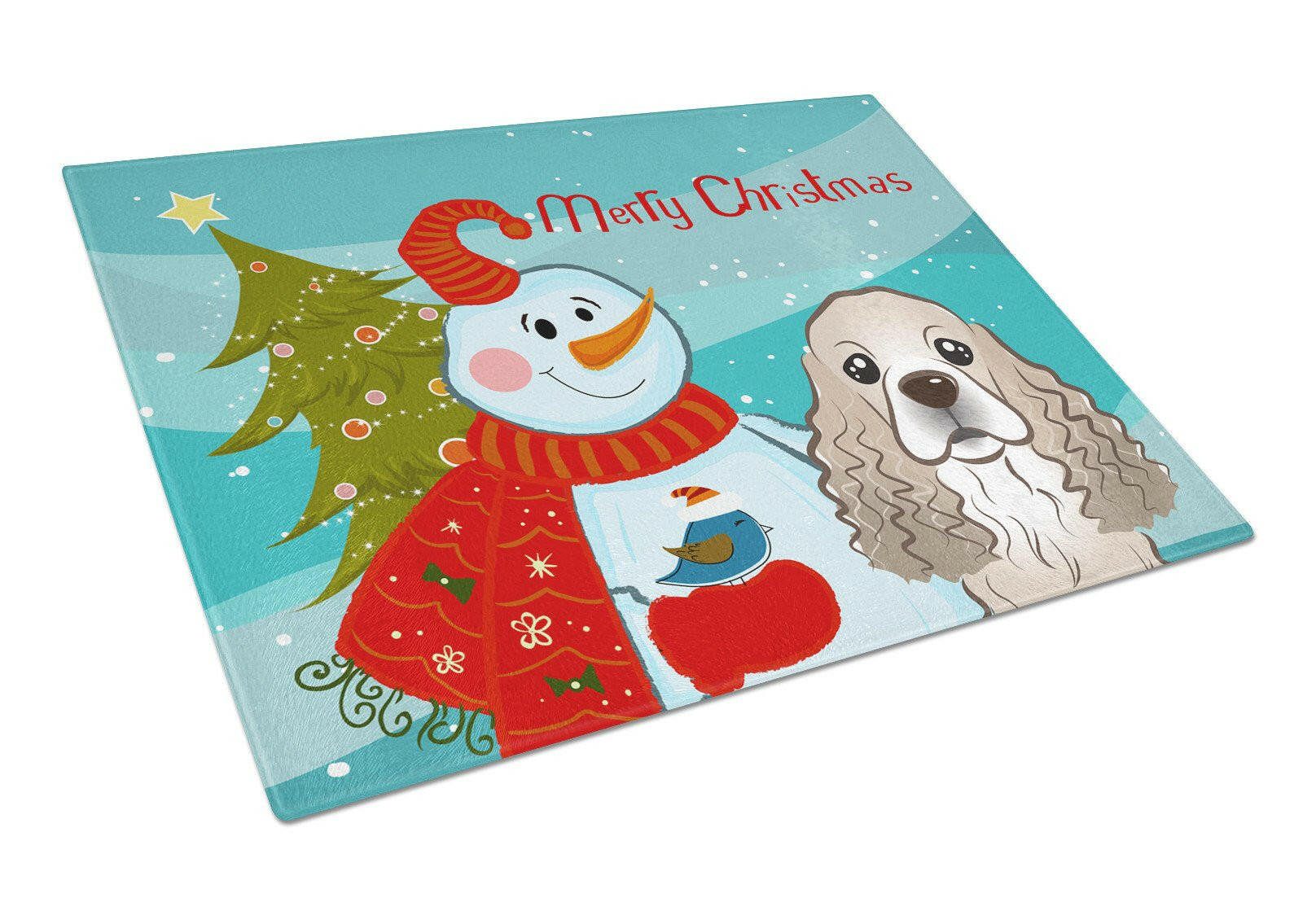 Snowman with Cocker Spaniel Cutting Board Tempered Glass Kitchen Cutting Surface, Heat Resistant Chopping, Non-Slip Feet, Food Prep & Serving
