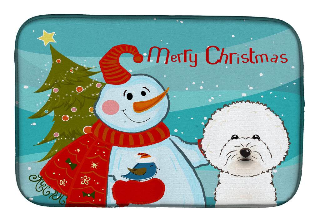 Snowman with Bichon Frise Dish Drying Mat Absorbent Dish Drying Mat Pad for Kitchen Counter Dish Drainer Mat for Countertop, 14 x 21", Multicolor