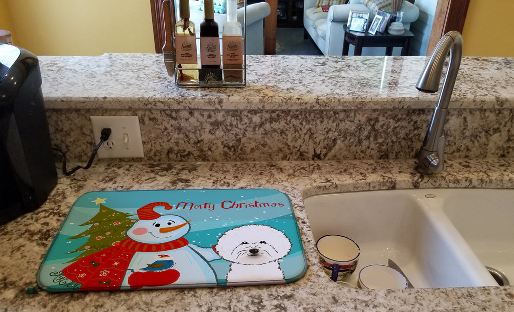 Snowman with Bichon Frise Dish Drying Mat Absorbent Dish Drying Mat Pad for Kitchen Counter Dish Drainer Mat for Countertop, 14 x 21", Multicolor