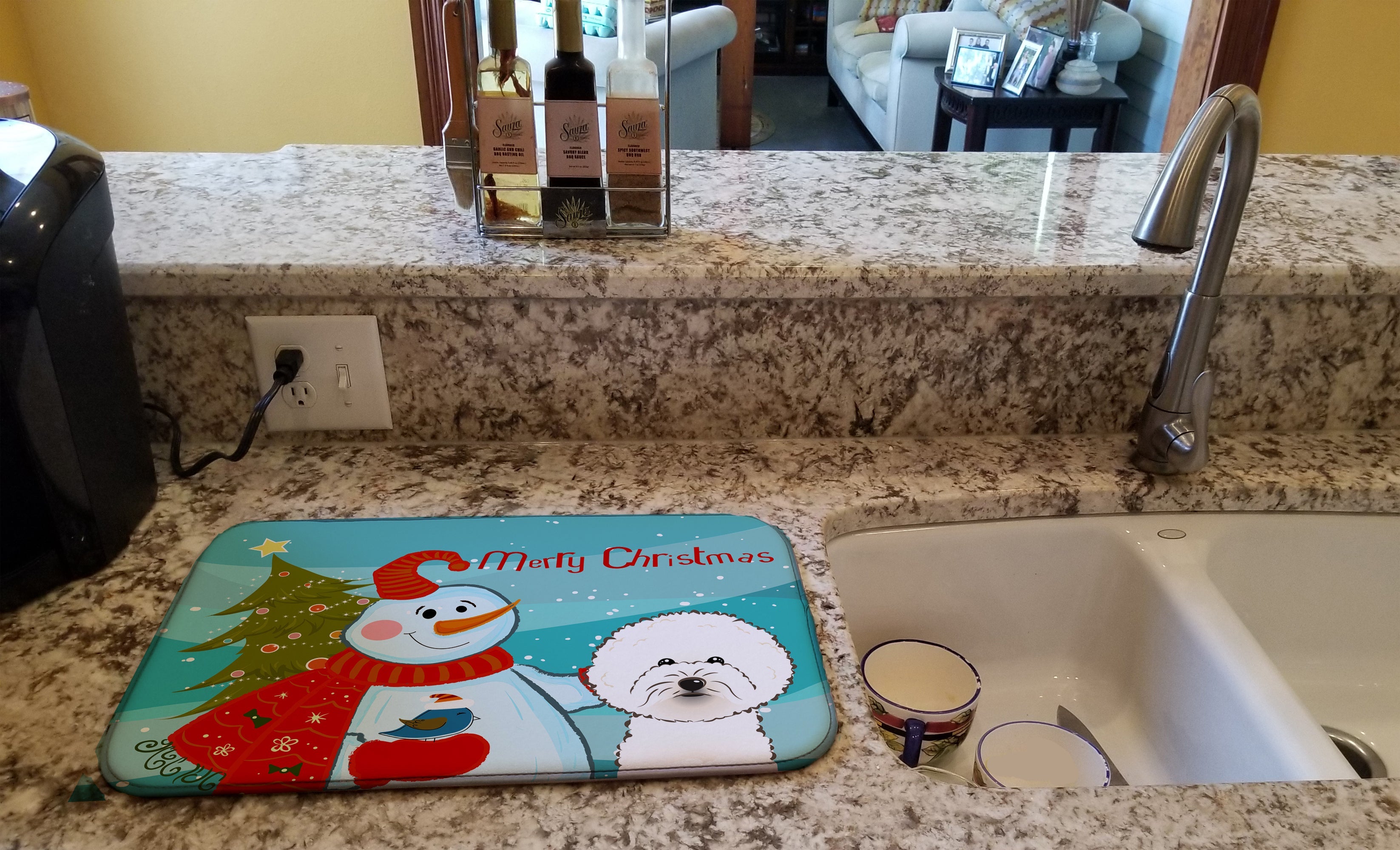 Snowman with Bichon Frise Dish Drying Mat Absorbent Dish Drying Mat Pad for Kitchen Counter Dish Drainer Mat for Countertop, 14 x 21", Multicolor