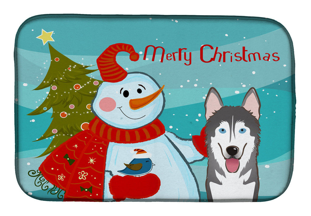 Snowman with Alaskan Malamute Dish Drying Mat Absorbent Dish Drying Mat Pad for Kitchen Counter Dish Drainer Mat for Countertop, 14 x 21", Multicolor