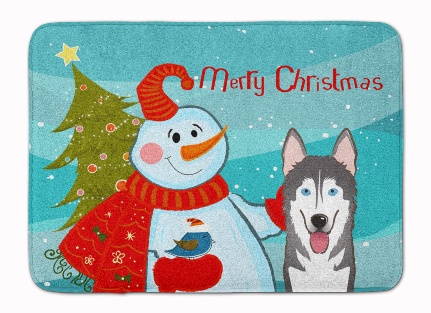 Snowman with Alaskan Malamute Memory Foam Kitchen Mat Machine Washable Anti-Fatigue Cushion Comfort Bath or Kitchen Rug