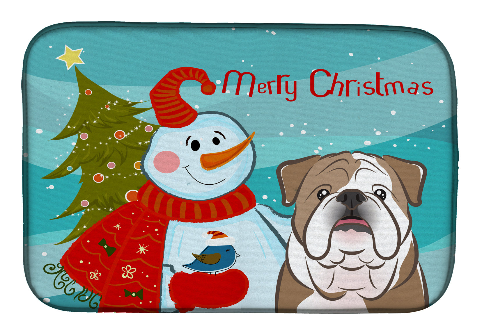 Snowman with English Bulldog  Dish Drying Mat Absorbent Dish Drying Mat Pad for Kitchen Counter Dish Drainer Mat for Countertop, 14 x 21", Multicolor