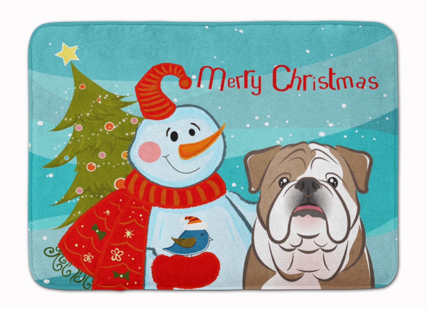 Snowman with English Bulldog  Memory Foam Kitchen Mat Machine Washable Anti-Fatigue Cushion Comfort Bath or Kitchen Rug