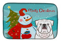 Snowman with White English Bulldog  Dish Drying Mat Absorbent Dish Drying Mat Pad for Kitchen Counter Dish Drainer Mat for Countertop, 14 x 21", Multicolor