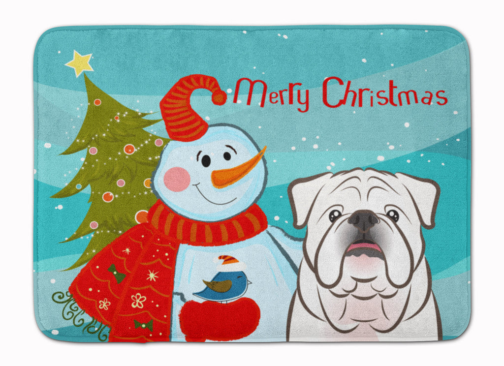 Snowman with White English Bulldog  Memory Foam Kitchen Mat Machine Washable Anti-Fatigue Cushion Comfort Bath or Kitchen Rug