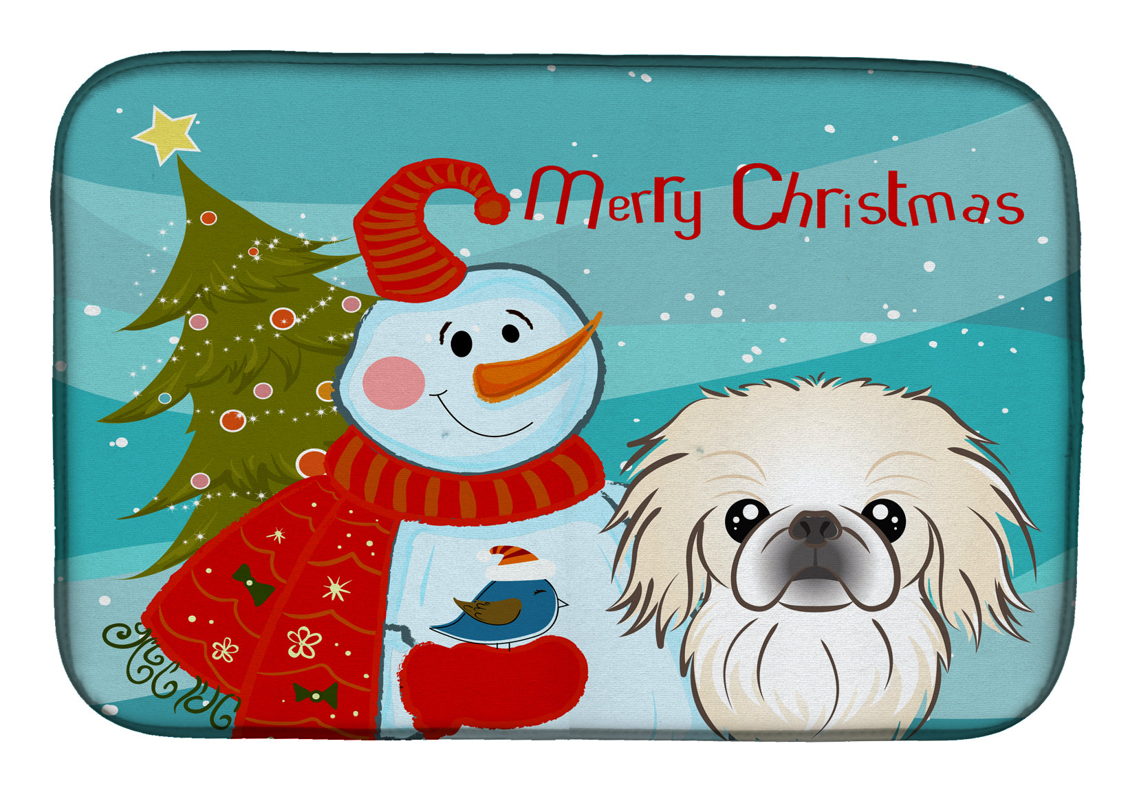 Snowman with Pekingese Dish Drying Mat Absorbent Dish Drying Mat Pad for Kitchen Counter Dish Drainer Mat for Countertop, 14 x 21", Multicolor