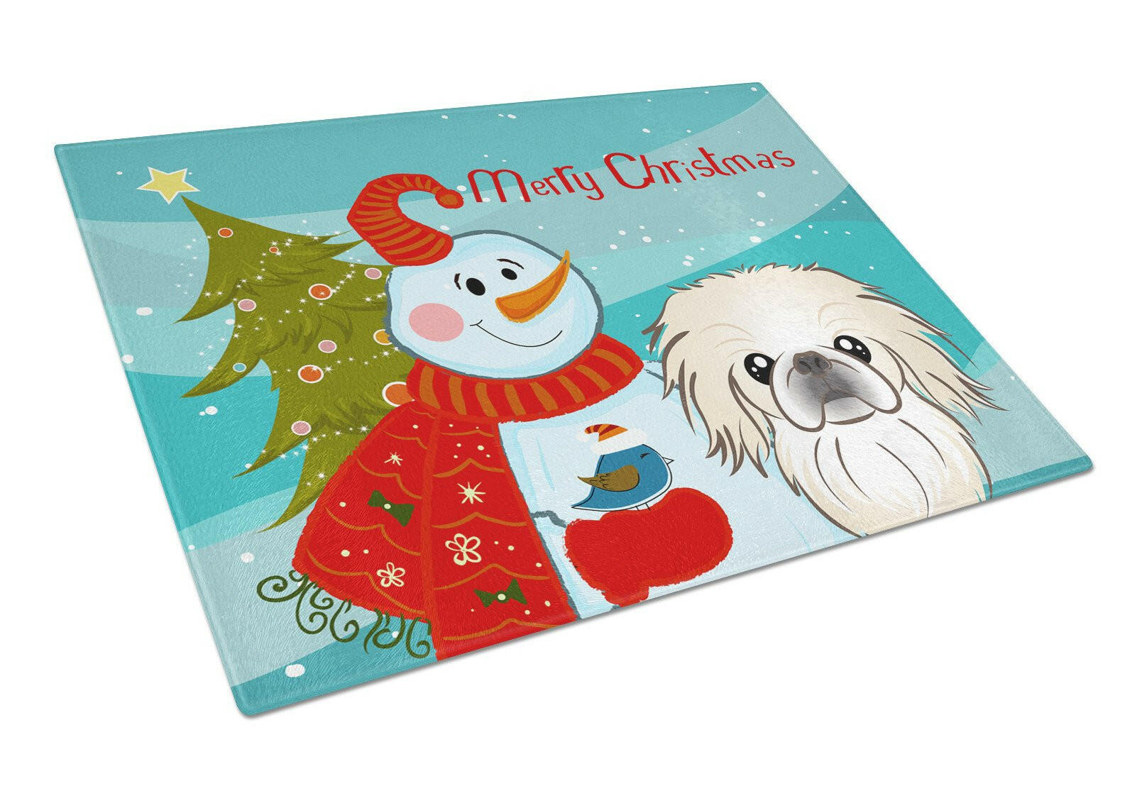 Snowman with Pekingese Cutting Board Tempered Glass Kitchen Cutting Surface, Heat Resistant Chopping, Non-Slip Feet, Food Prep & Serving