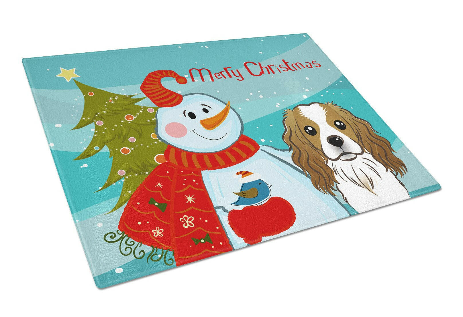 Snowman with Cavalier Spaniel Cutting Board Tempered Glass Kitchen Cutting Surface, Heat Resistant Chopping, Non-Slip Feet, Food Prep & Serving