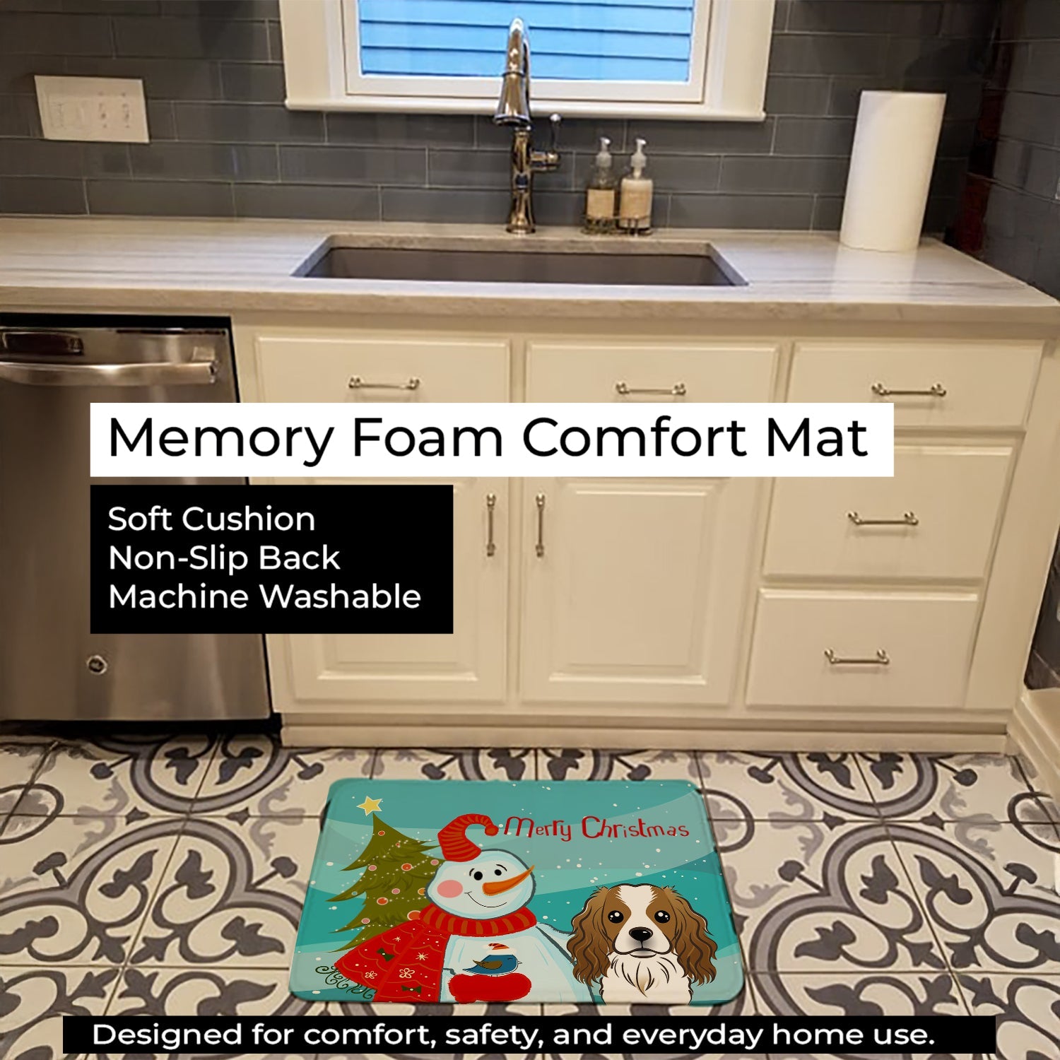 Snowman with Cavalier Spaniel Memory Foam Kitchen Mat Machine Washable Anti-Fatigue Cushion Comfort Bath or Kitchen Rug