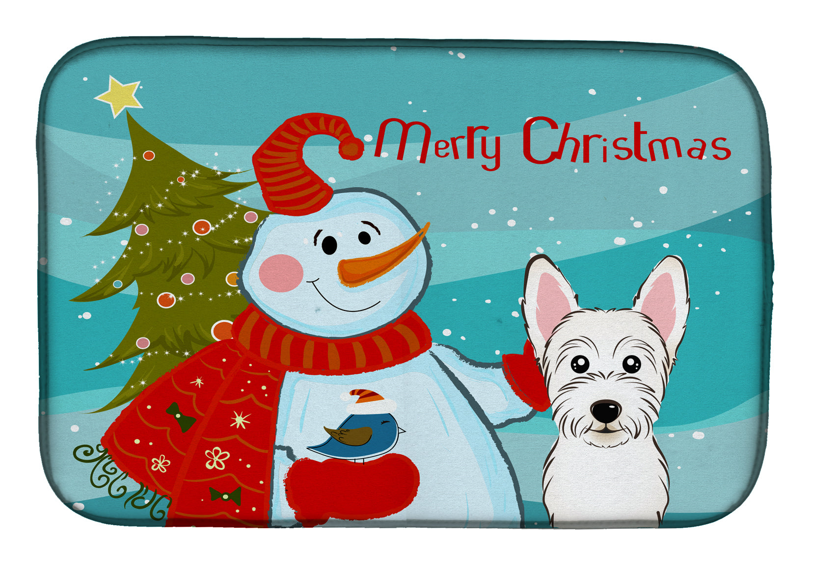 Snowman with Westie Dish Drying Mat Absorbent Dish Drying Mat Pad for Kitchen Counter Dish Drainer Mat for Countertop, 14 x 21", Multicolor