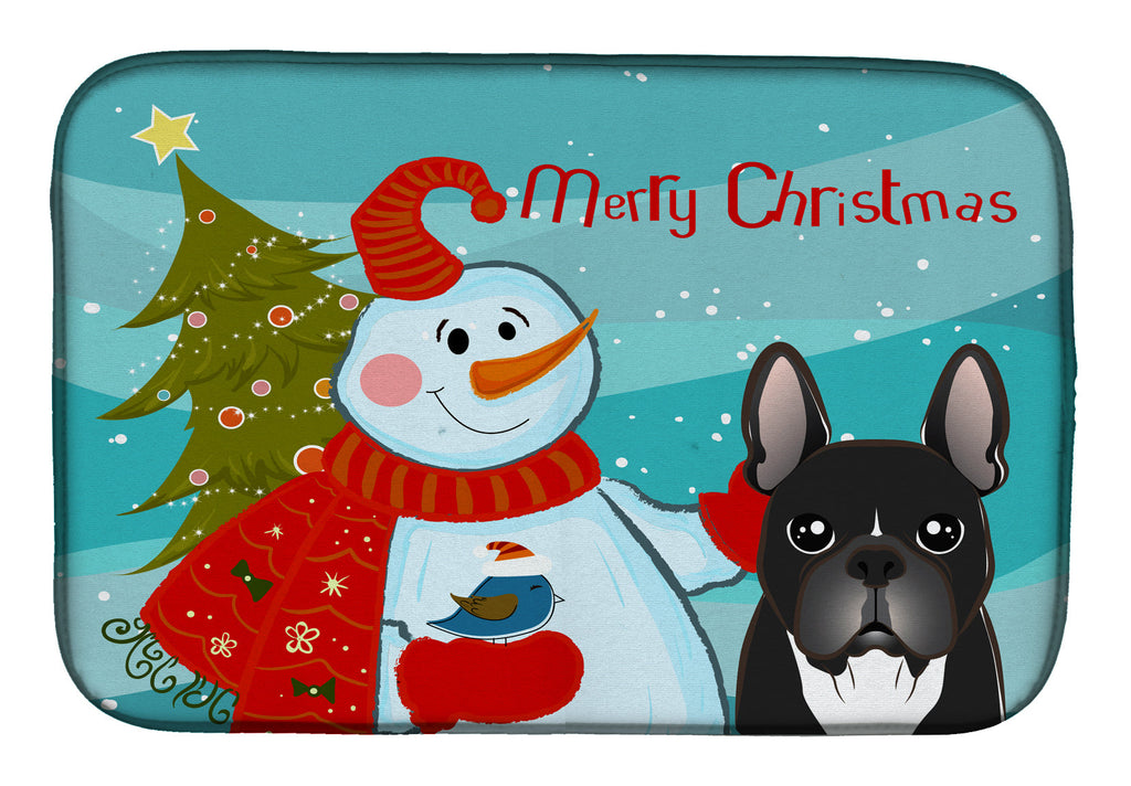 Snowman with French Bulldog Dish Drying Mat Absorbent Dish Drying Mat Pad for Kitchen Counter Dish Drainer Mat for Countertop, 14 x 21", Multicolor