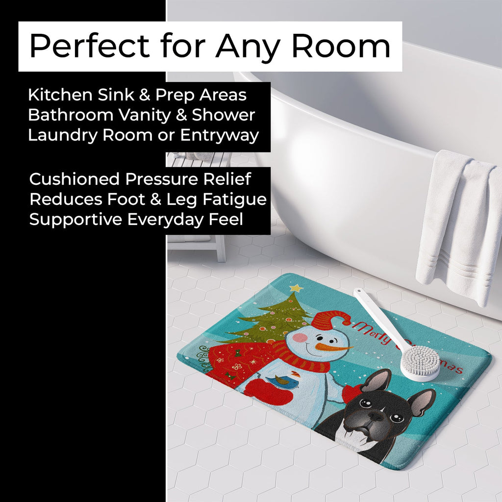 Snowman with French Bulldog Memory Foam Kitchen Mat Machine Washable Anti-Fatigue Cushion Comfort Bath or Kitchen Rug
