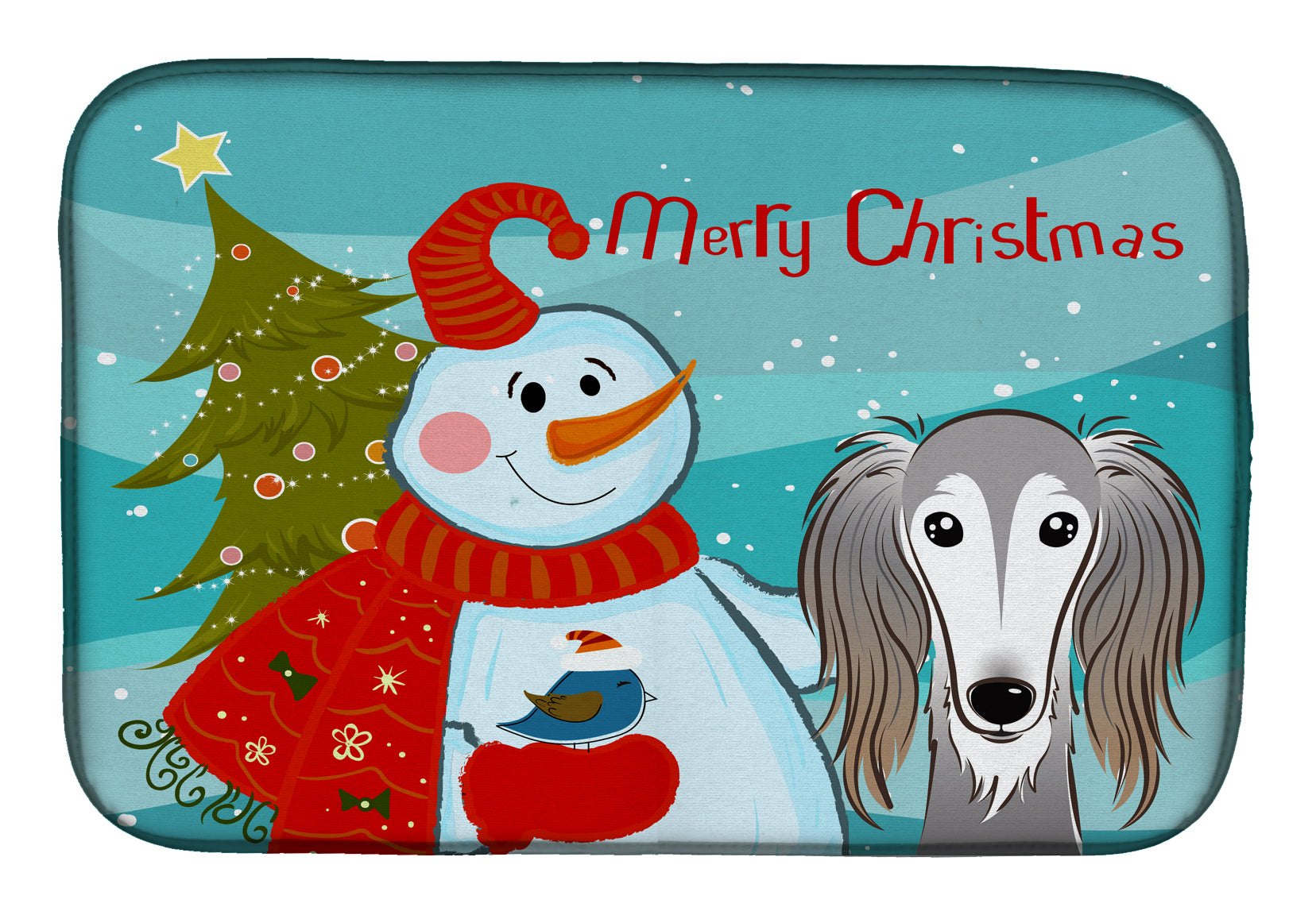 Snowman with Saluki Dish Drying Mat Absorbent Dish Drying Mat Pad for Kitchen Counter Dish Drainer Mat for Countertop, 14 x 21", Multicolor