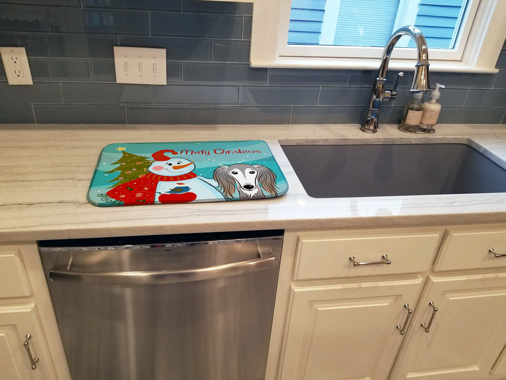 Snowman with Saluki Dish Drying Mat Absorbent Dish Drying Mat Pad for Kitchen Counter Dish Drainer Mat for Countertop, 14 x 21", Multicolor