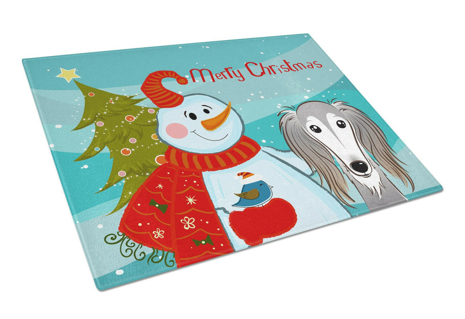 Snowman with Saluki Cutting Board Tempered Glass Kitchen Cutting Surface, Heat Resistant Chopping, Non-Slip Feet, Food Prep & Serving