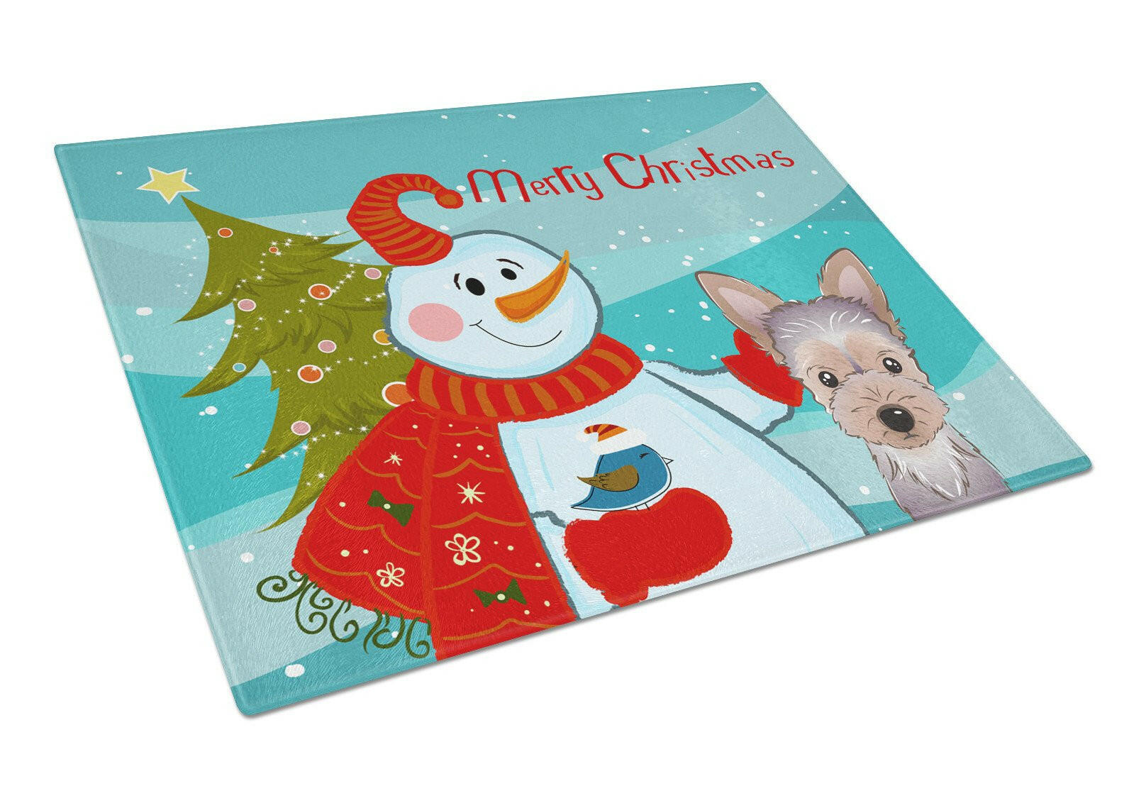 Snowman with Yorkie Puppy Cutting Board Tempered Glass Kitchen Cutting Surface, Heat Resistant Chopping, Non-Slip Feet, Food Prep & Serving