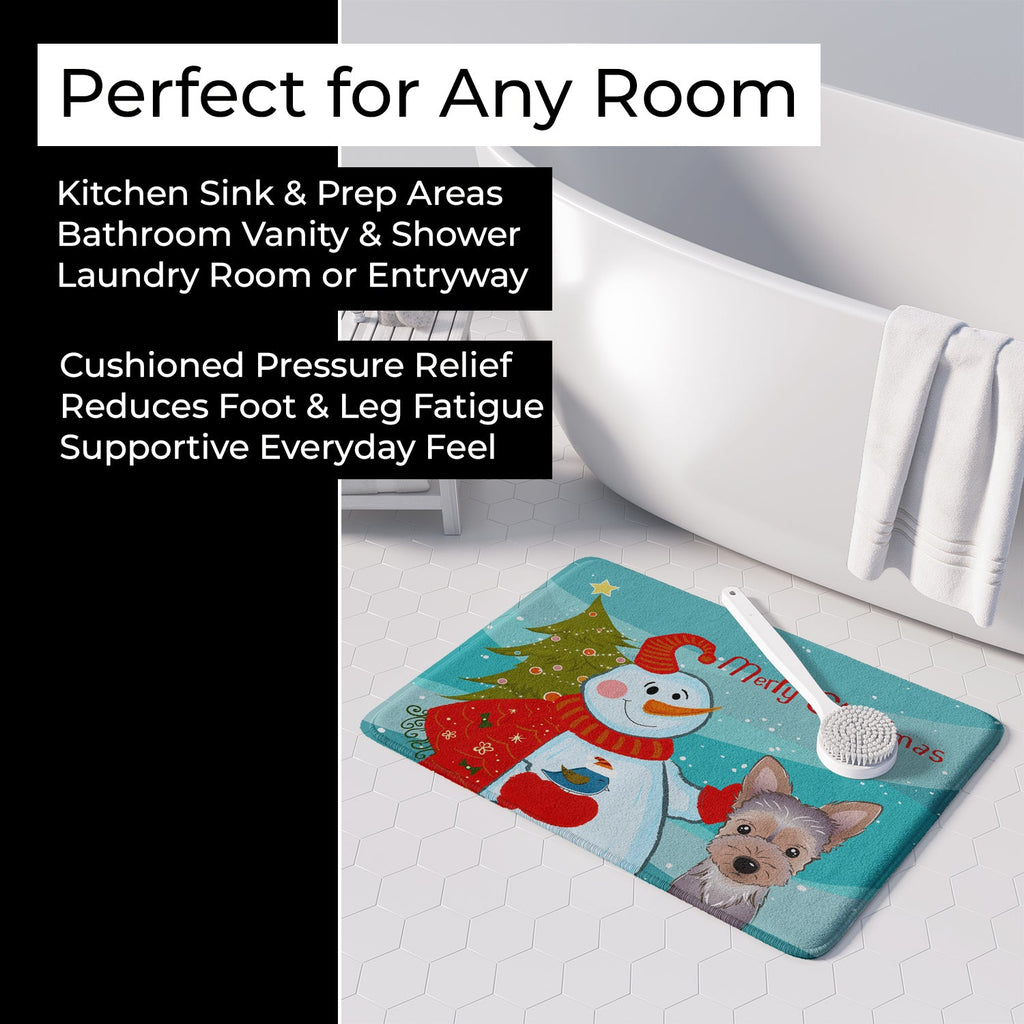 Snowman with Yorkie Puppy Memory Foam Kitchen Mat Machine Washable Anti-Fatigue Cushion Comfort Bath or Kitchen Rug
